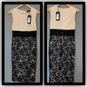 NWT AX PARIS Bodycon 2 in 1 cream and black lace dress! Size US 8